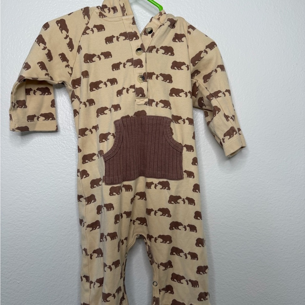Kate Quinn Bear Print Hooded Baby One-Piece - Cream & Brown - Picture 2 of 4